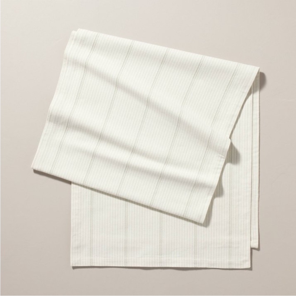 HEARTH & HAND NWT  ticking stripe woven table runner -light green/cream